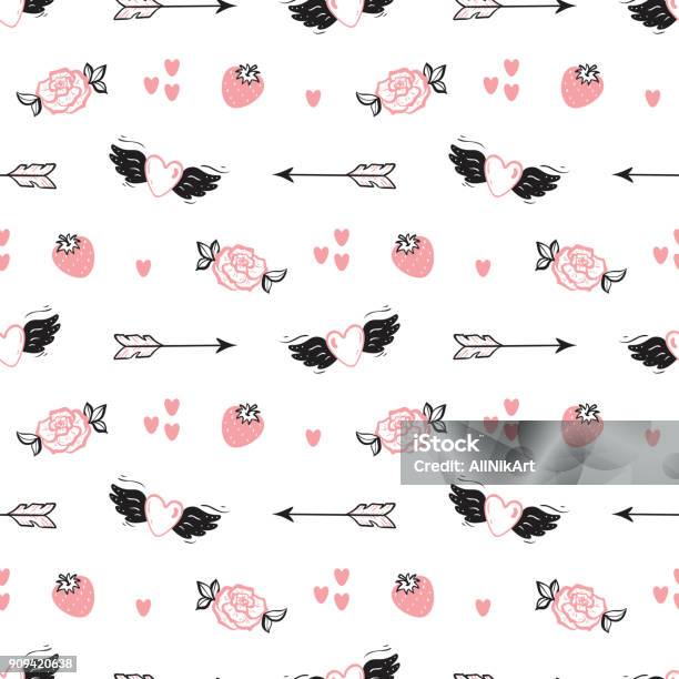 Happy Valentines Day Love Wedding Vector Background Valentine Seamless Pattern Hand Drawn Doodle Hearts With Wings Strawberry Cupids Arrows Rose Flower Stock Illustration - Download Image Now