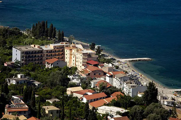 Place on Corfu island in Greece. Hotel Potamaki Beach in background.