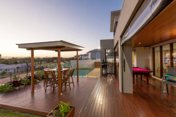 istock Backyard patio setting with swimming pool at sunset 909423312