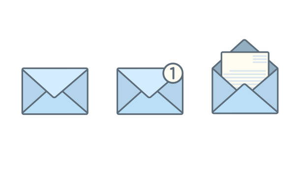 Set of blue flat envelopes with receive message Set of blue flat envelopes with receive message signs. Close and open vector mail symbols with letter, notification signs for mobile app, web page design open letter icon stock illustrations