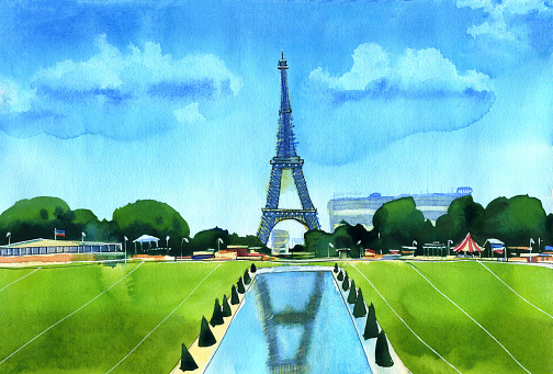Watercolor painting with Paris Eiffel Tower and it's reflections in water. Eiffel Tower view from Trocadero Fountains on sunny day. Hand drawn illustration.