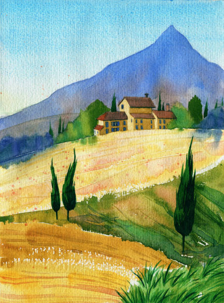 watercolor painting with italian country landscape. typical tuscan hills with cypress and farmland. - tuscany italy tree cypress tree imagens e fotografias de stock