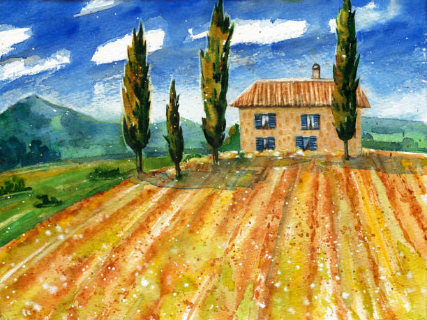 watercolor painting with italian country landscape. typical tuscan hills with cypress and farmland. - tuscany italy tree cypress tree imagens e fotografias de stock