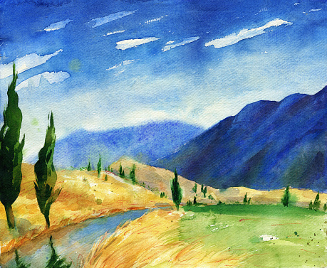 Watercolor painting with italian country landscape. Typical tuscan hills with cypress and farmland. Hand drawn illustration.