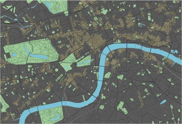 Vector illustration of London vector map with dark colors.