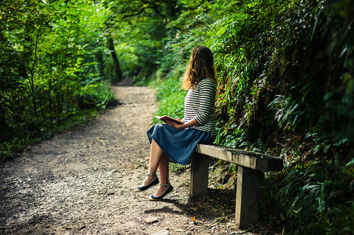 A young woman is sitting on a bench in the forest and is reading a book