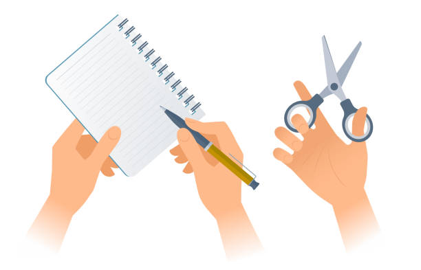 istock Businessman's hands with office supplies: paper notebook, pen, scissors. 909432434
