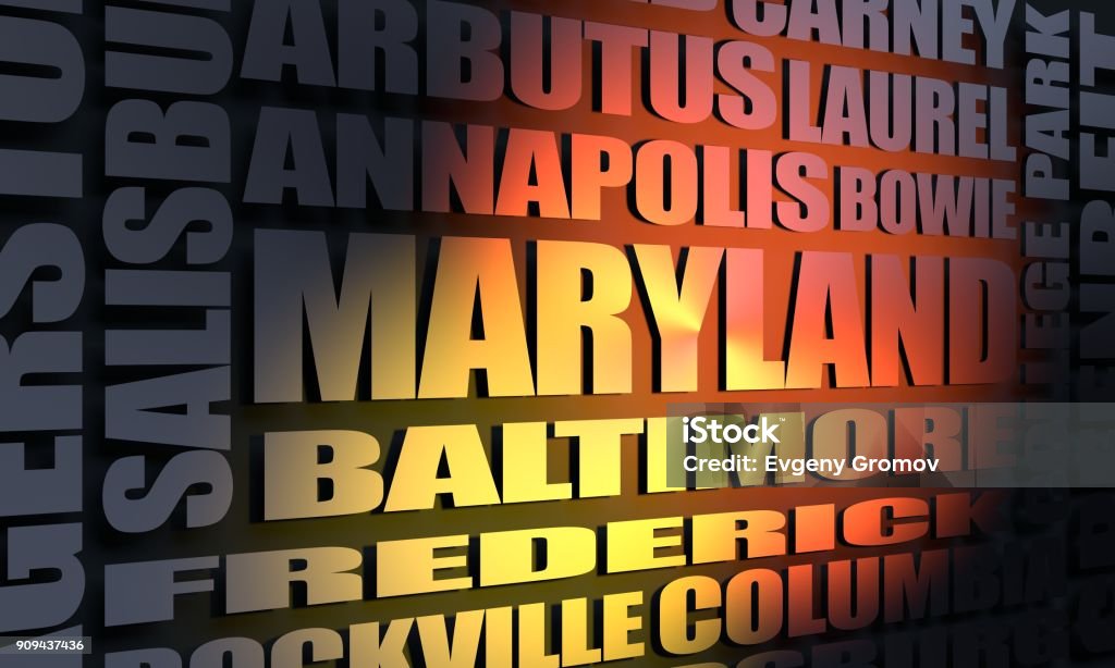 Maryland cities list Image relative to USA travel. Maryland cities and places names cloud. 3D rendering Rockville - Maryland Stock Photo