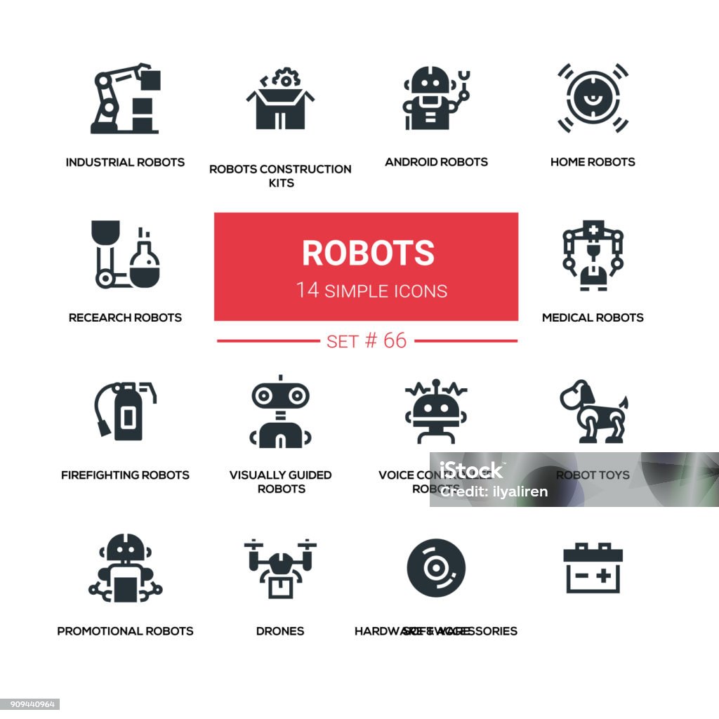 Robots - line design silhouette icons set Robots - line design silhouette icons set. High quality black pictogram. Home, research, android, industrial, construction kits, medical, firefighting, visually guided, voice controlled, toys, promotional Robot stock vector