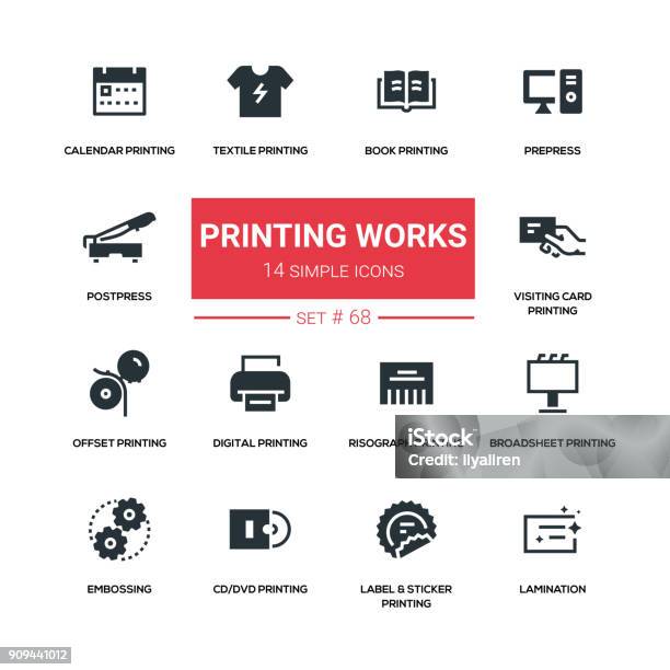 Printing Works Line Design Silhouette Icons Set Stock Illustration - Download Image Now - Printing Press, Icon Symbol, Digitally Generated Image