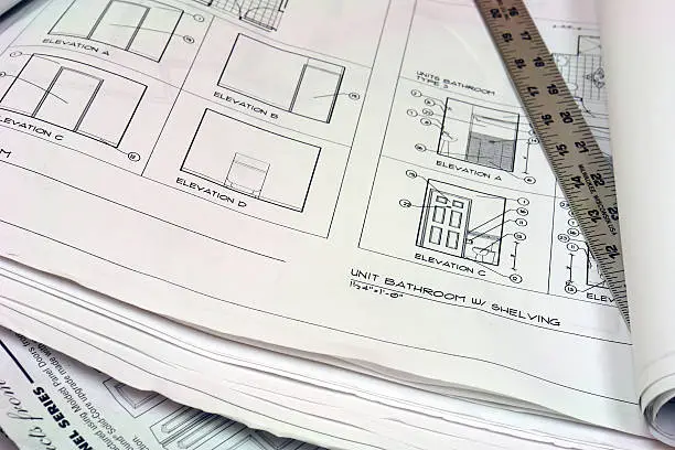 close up of blue prints with metal ruler                            