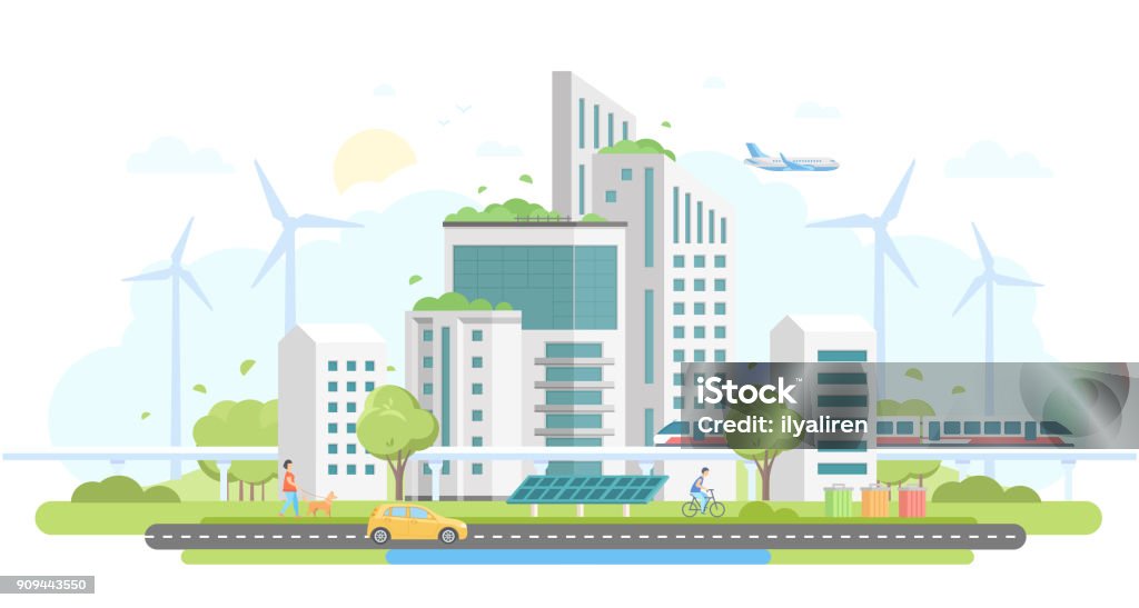 Eco-friendly housing complex - modern flat design style vector illustration Eco-friendly housing complex - modern flat design style vector illustration on white background. Lovely cityscape with skyscrapers, windmills, solar panels, car, train, bins, people, airplane City stock vector