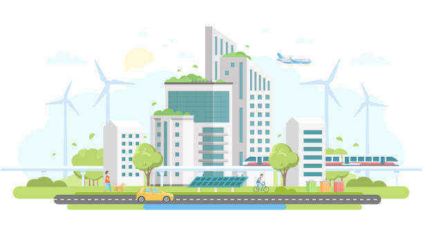 Eco-friendly housing complex - modern flat design style vector illustration Eco-friendly housing complex - modern flat design style vector illustration on white background. Lovely cityscape with skyscrapers, windmills, solar panels, car, train, bins, people, airplane beautiful modern house stock illustrations