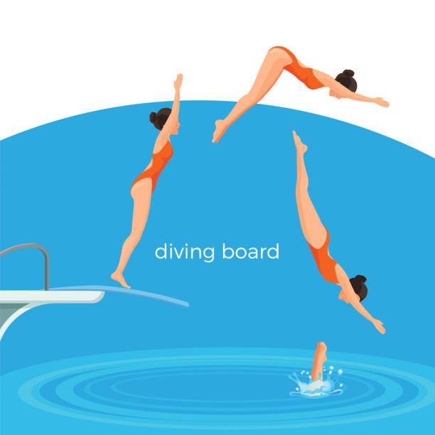 ilustrações de stock, clip art, desenhos animados e ícones de diving board and female swimmer in swimsuit that jumps - blue water swimming pool sports and fitness