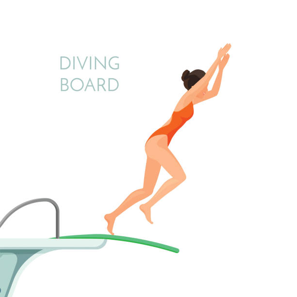 istock Diving board and girl in red swimsuit jumps from it 909444068