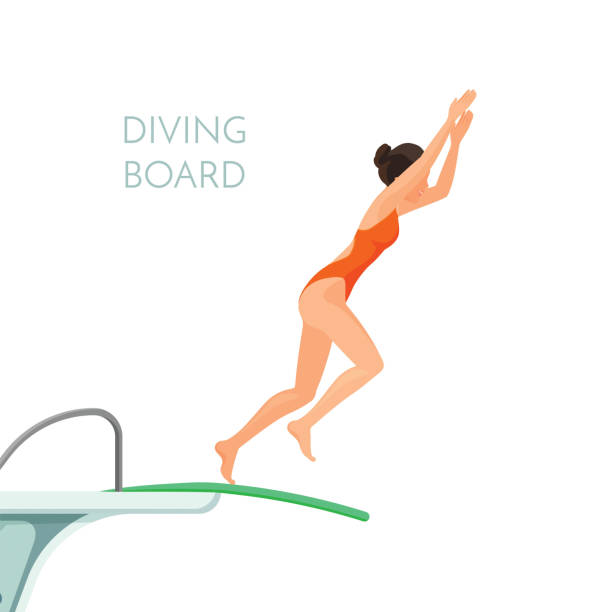 Diving board and girl in red swimsuit jumps from it Plastic high diving board and young sportive girl in red swimsuit jumps from it isolated cartoon flat vector illustration with sign on white background. diving into pool stock illustrations
