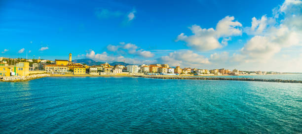 San Vincenzo beach and seafront panoramic view. Sea travel destination, Tuscany, Italy.