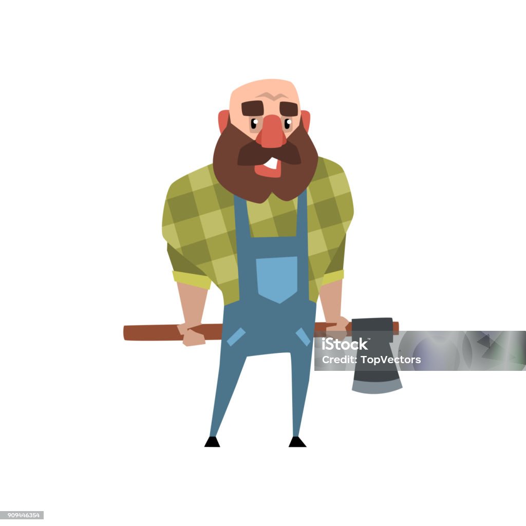 Vrolijke Houthakker Ax Achter Zijn Rug Te Houden Cartoon Kale Man Met Grote Baard Houthakker In Groen Geruite Shirt En Blauwe Overall Kleurrijke Platte Vector Design Stockvectorkunst En Meer Beelden Van Hipster -