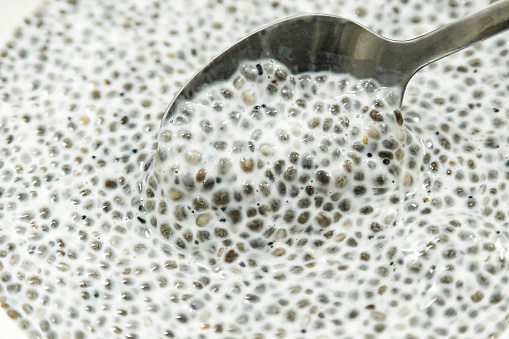 Chia seed pudding close up.