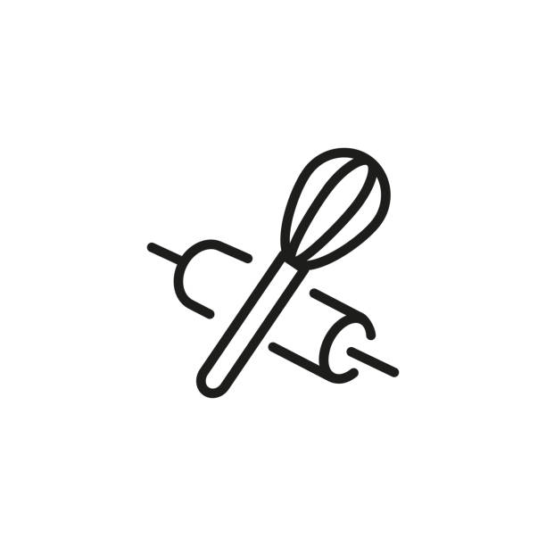 Rolling Pin and Whisk Line Icon Icon of rolling pin and whisk. Utensil, tool, equipment. Cooking concept. Can be used for topics like household, kitchen, bakery. rolling dough stock illustrations