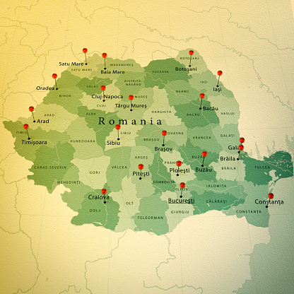 3D Render of a Map of Romania with Straight Pins at the Position of important Cities. Vintage Color Style. Very high resolution available!\n\nAll source data is in the public domain.\nhttp://www.naturalearthdata.com/about/terms-of-use/\nMade with Natural Earth: Internal Administrative Boundaries,  Populated Places\nhttp://www.naturalearthdata.com/downloads/10m-cultural-vectors/
