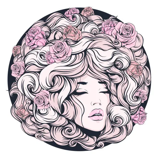 Vector illustration of girl, eyes closed, long curly hair pink color with decorative hairstyle