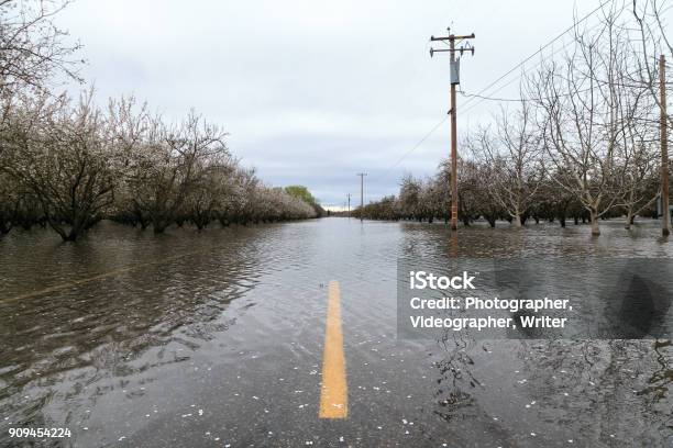 A Flooded Road Near Chico California Stock Photo - Download Image Now - California, Flood, Rain