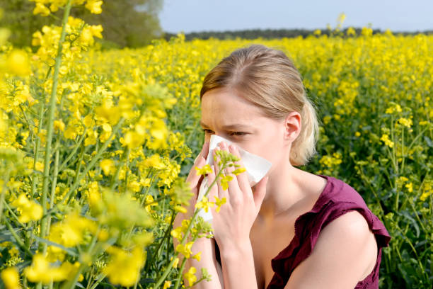 woman   has hay fever - hay fever imagens e fotografias de stock