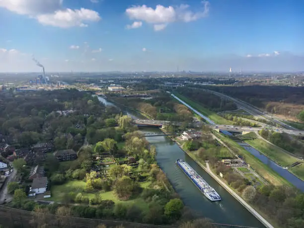 Panoramic view of the Ruhr district (Ruhrgebiet ) in Germany from the top of Gasometer in Oberhausen