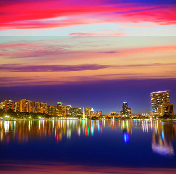Orlando skyline sunset at lake Eola in Florida USA