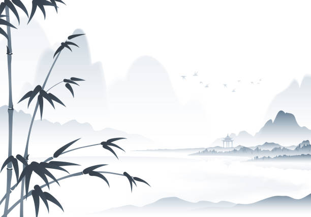 ilustrações de stock, clip art, desenhos animados e ícones de chinese scenery ink painting with bamboo in the foreground - vector ink water backgrounds