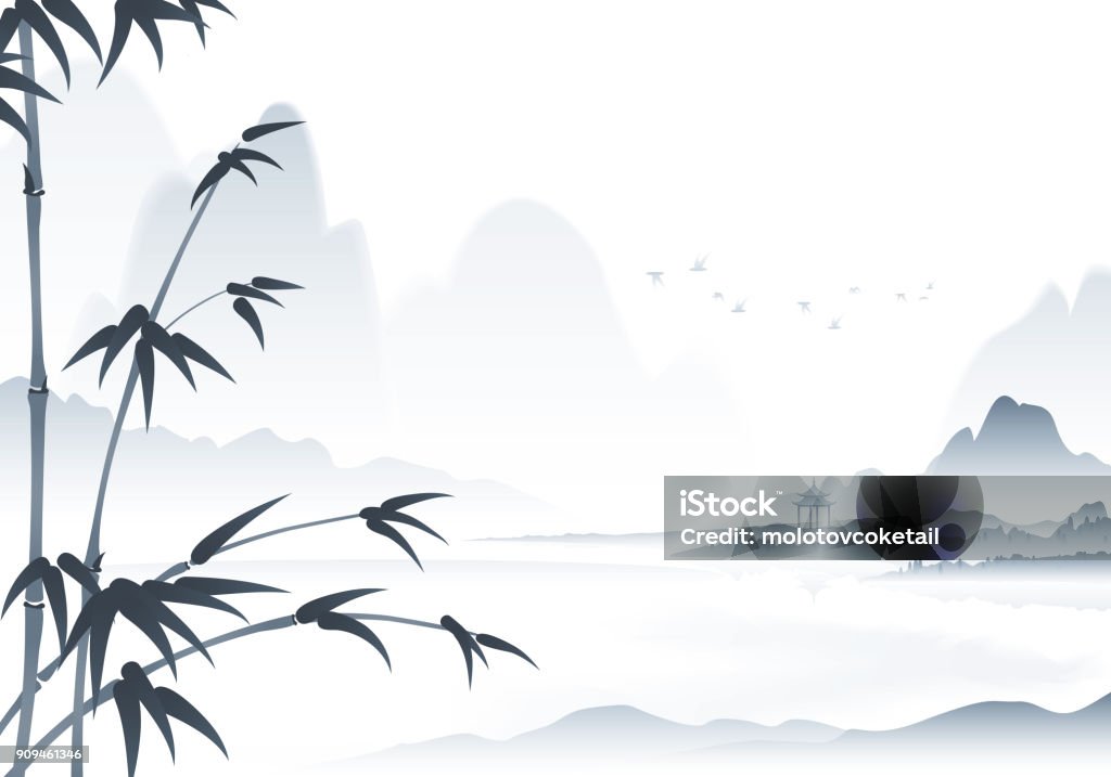 chinese scenery ink painting with bamboo in the foreground A black and white traditional Chinese scenery ink painting with bamboo in the foreground. Chinese Culture stock vector