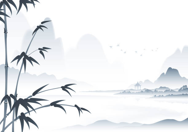 chinese scenery ink painting with bamboo in the foreground vector art illustration