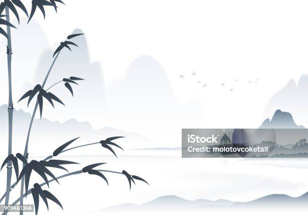 Chinese Scenery Ink Painting With Bamboo In The Foreground Stock Illustration - Download Image Now