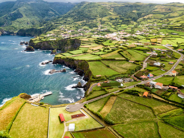 Delgada Tip, Flowers Aerial view of a small port and the village of Ponta Delgada in the Azores. san miguel portugal stock pictures, royalty-free photos & images