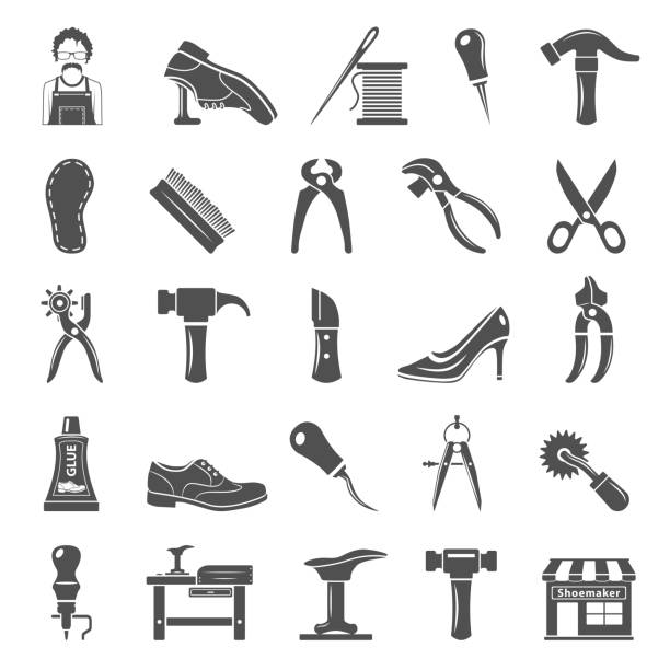 Black Icons - Shoemaker Tools Shoemaker tools and equipment icon set shoemaker stock illustrations