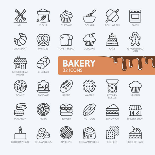 bäckerei - gliederung symbolsammlung - waffel kuchen und süßwaren stock-grafiken, -clipart, -cartoons und -symbole