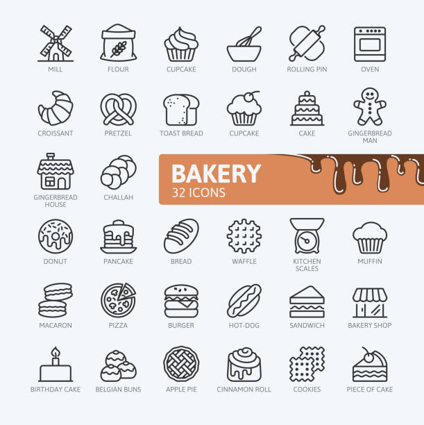 fırın ekmek üreticileri - anahat icons collection - ekmekçi dükkânı illüstrasyonlar stock illustrations