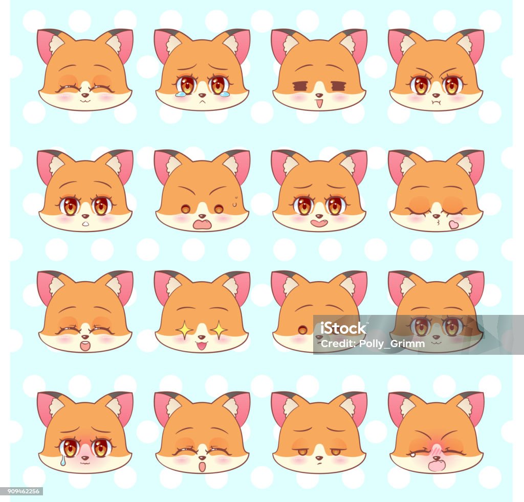 Emoticons Emoji Smiley Set Colorful Sweet Kitty Little Cute Kawaii Anime  Cartoon Fox Puppy Girl Different Emotions Mascot Sticker Happy Sad Angry  Smile Kiss Love Children Character Colorful Vector Signs Logo Illustration