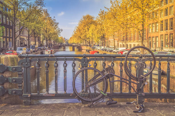istock Bikes on the bridge in Amsterdam Netherlands 909462468