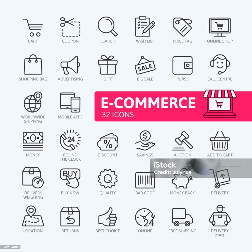Site e-commerce, shopping en ligne et livraison - collection d’icônes de contour - clipart vectoriel de Icône libre de droits