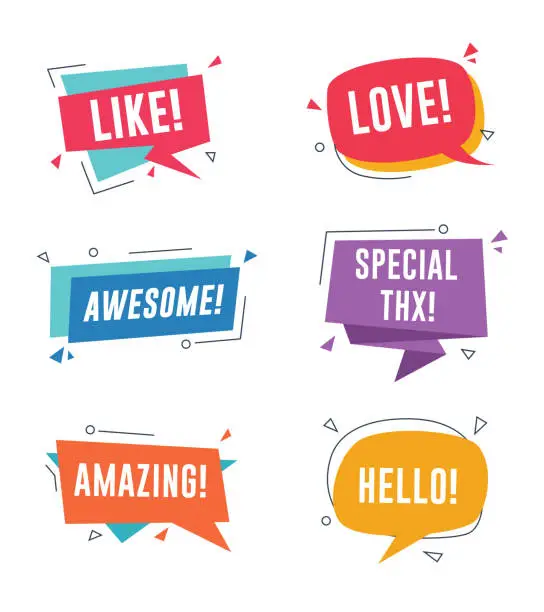Vector illustration of Speech bubble with short messages. Like, love, awesome, amazing, special thanks