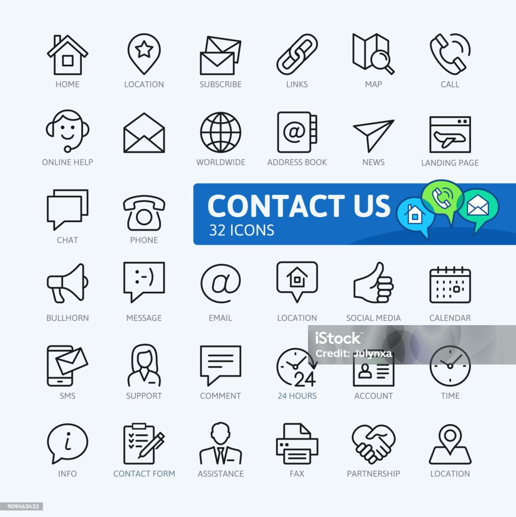Contact us -  outline icons collection Contact us -  minimal thin line web icon set. Outline icons collection. Simple vector illustration. Icon Symbol stock vector