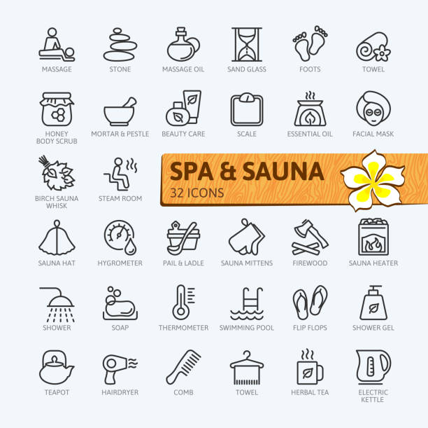 spa и сауна, паровая баня - наброски икон коллекции - sauna health spa healthy lifestyle wellbeing stock illustrations