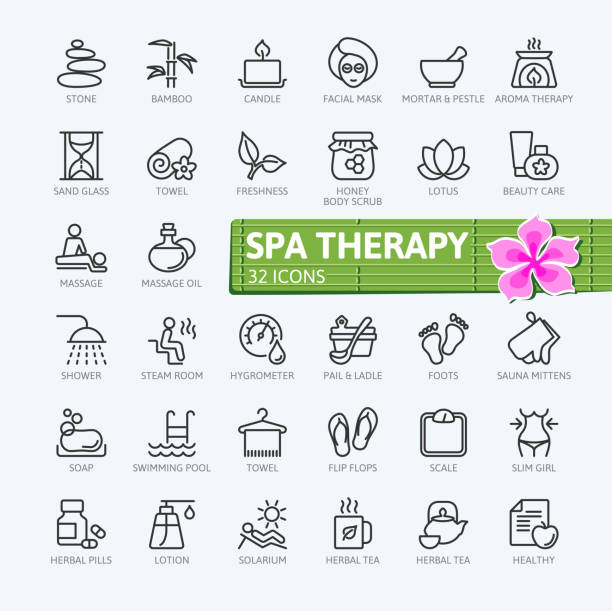 ilustraciones, imágenes clip art, dibujos animados e iconos de stock de elementos de terapia spa - colección de iconos de contorno - beauty spa spa treatment massaging health spa