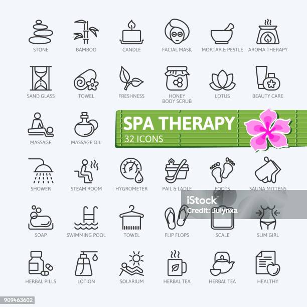 Ilustración de Elementos De Terapia Spa Colección De Iconos De Contorno y más Vectores Libres de Derechos de Ícono