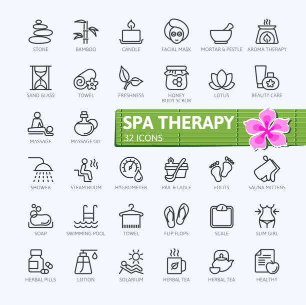 illustrations, cliparts, dessins animés et icônes de éléments de thérapie spa - collection d’icônes de contour - sauna health spa healthy lifestyle wellbeing