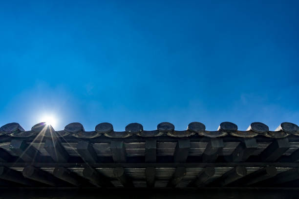 Part of Chinese traditional temple roof on blue sky background