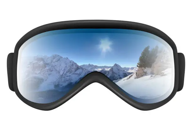 Ski goggles with reflection of mountains isolated on the white background. Realistic 3D illustration.
