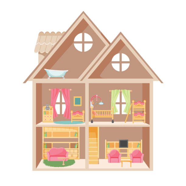 illustrations, cliparts, dessins animés et icônes de maison de poupée avec deux étages et petit mobilier - model home house home interior roof